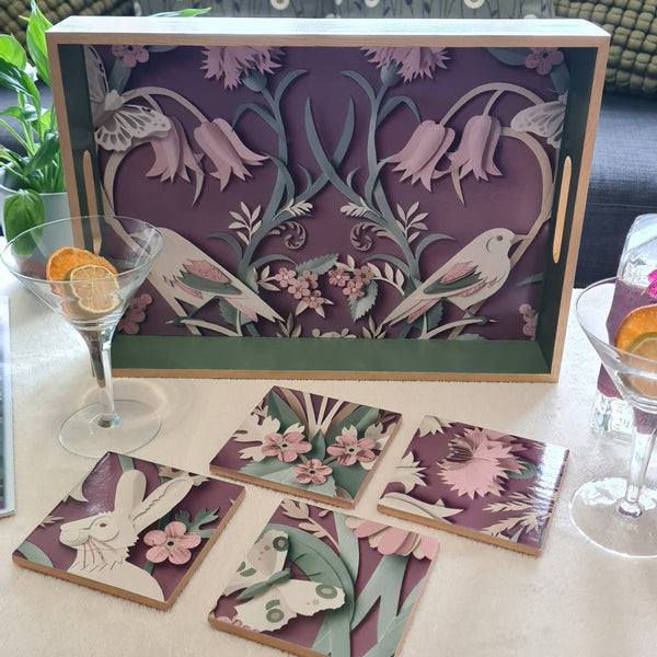 Handcrafted sage green wooden serving tray featuring three-dimensional woodland birds design with trailing foliage.  Matching coasters available separately.