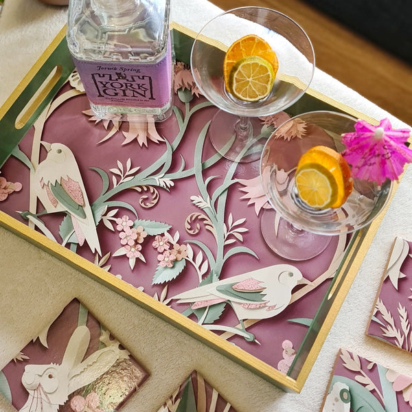 Handmade Woodland ceramic coasters with a coordinating wooden serving tray featuring the same 3D animal design.