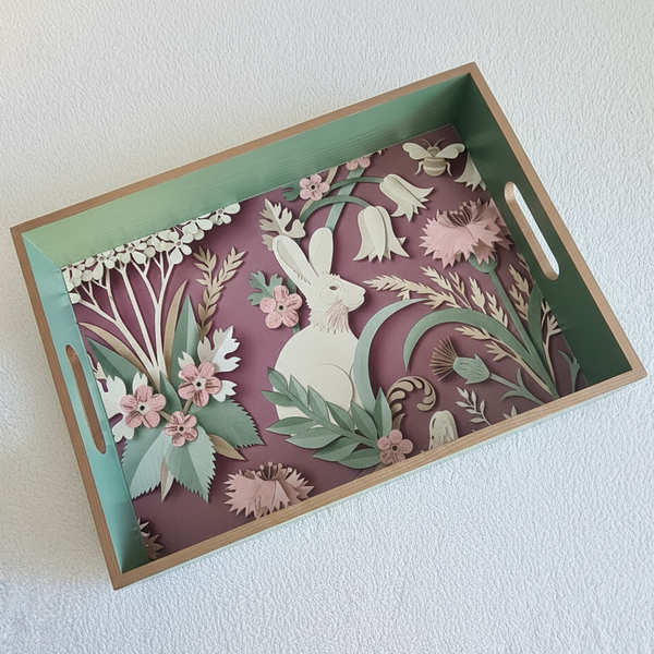 Decorative tray with floral and rabbit design on a white background
