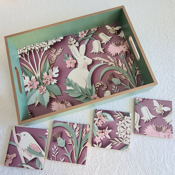 Handcrafted sage green wooden serving tray featuring a three-dimensional woodland hare design on a plum background.  Matching coasters available separately.