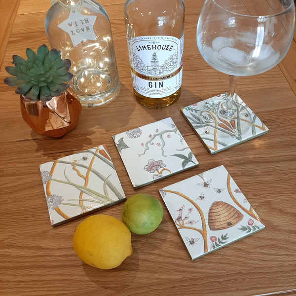 Handmade square ceramic coasters in Angel Strawbridge Potagerie wallpaper from Escape To The Chateau, full of bees and a French country garden feeling