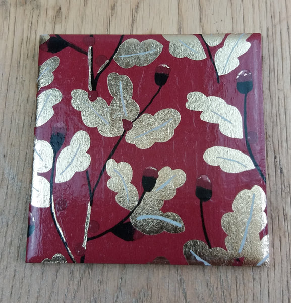 COASTER SET, red metallic gold, woodland oak leaf, handmade gift