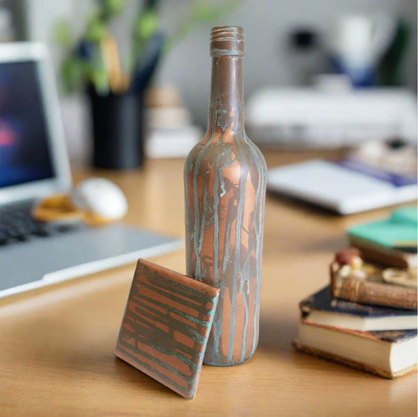 INDUSTRIAL COPPER PATINA Bottle & Coaster Set - Home Office - Gift for Him - Shel's Shabby Chic