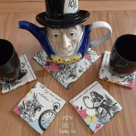 WAlice in Wonderland coaster set with wine bottle stand, set of 5 in traditional design by Shel's Shabby 