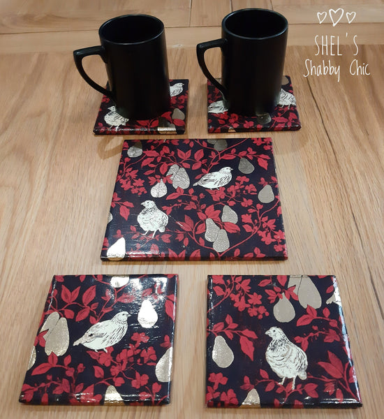 Gin coaster set of 5, black, red, gold metallic Partridge & Pear Tree design by Shel's Shabby Chic, Stotfold