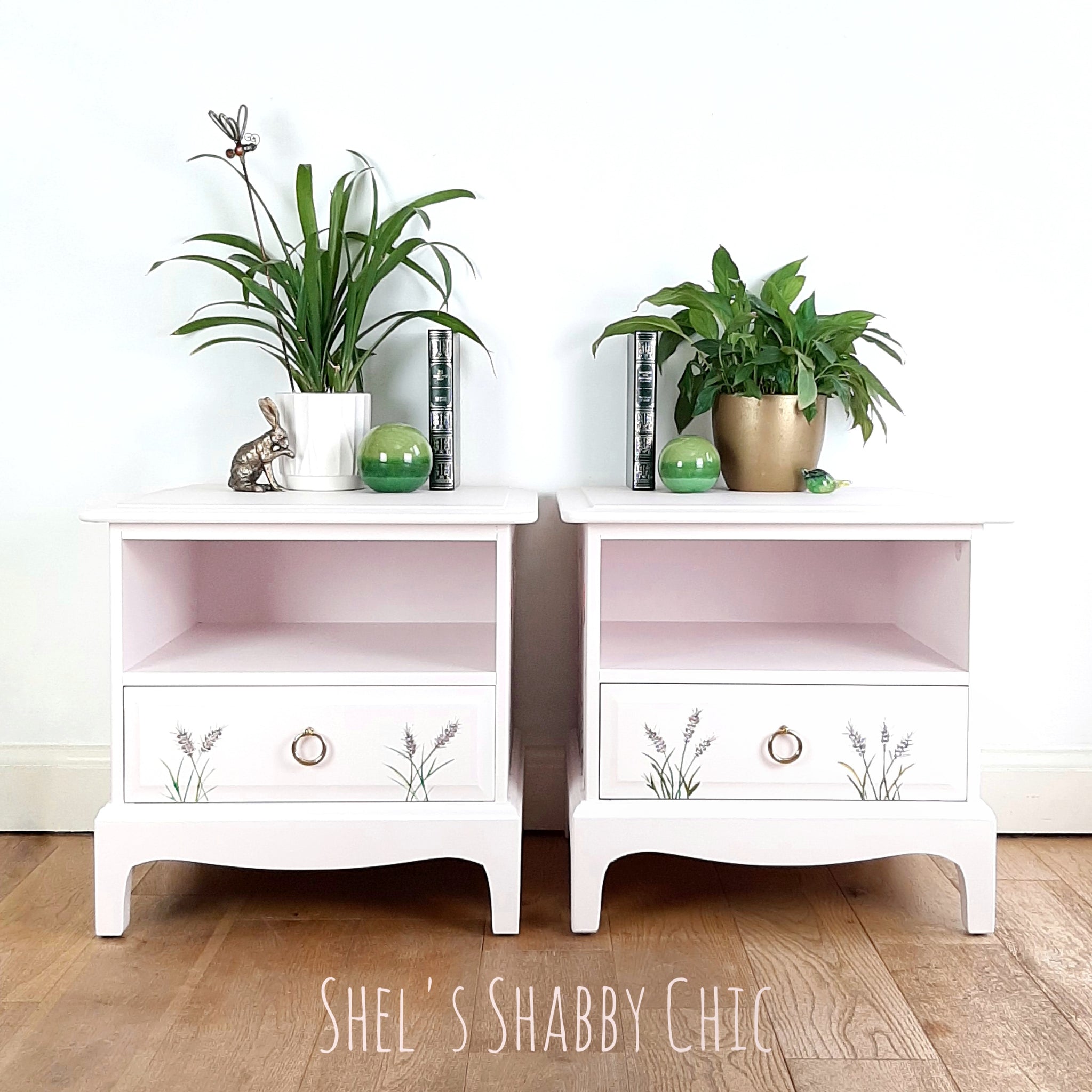 STAG BEDSIDE TABLES, Pair of Blush Pink Cabinets, Hand Painted